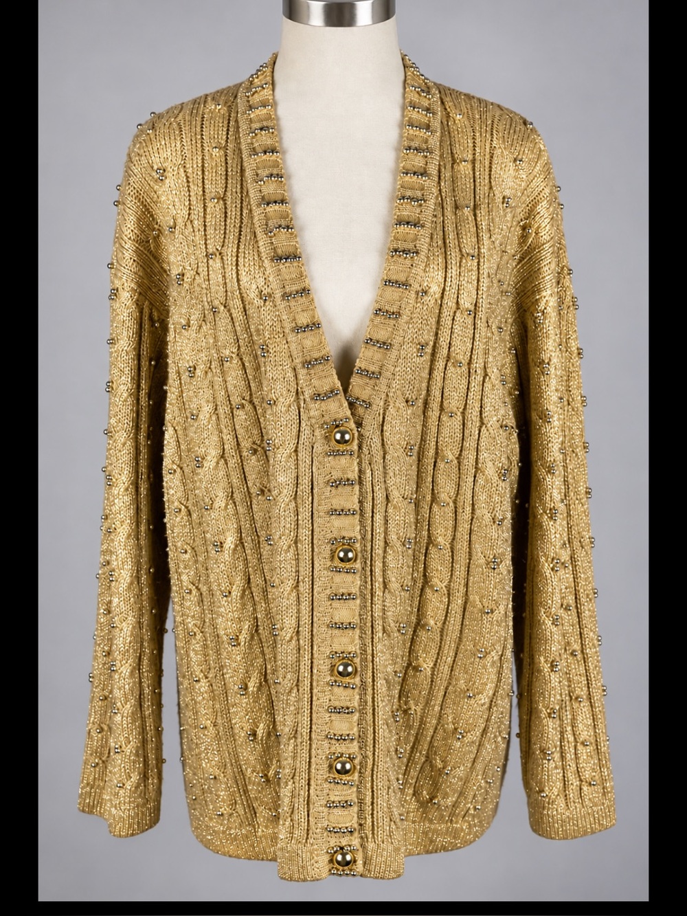 Vintage Fitting Image Gold Metallic Beaded Cable Knit Cardigan 18/20 Glam
